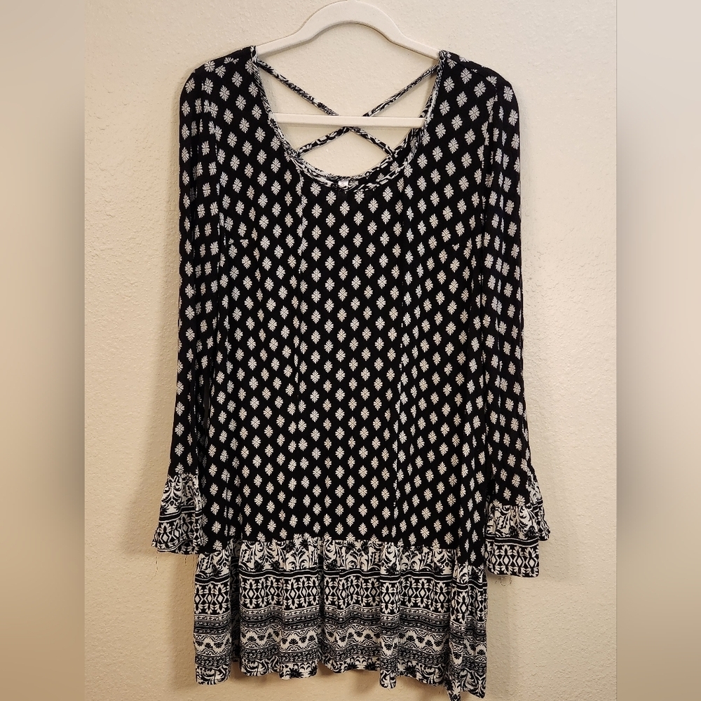 Xhilaration Black/White Geometric Boho Long Sleeve Mini Dress Size XXL